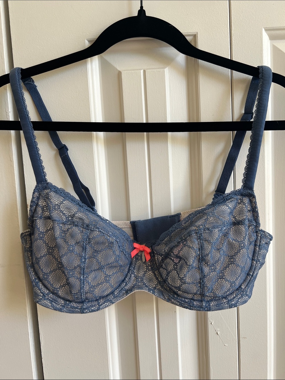 Victoria's Secret Blue Gray Lace Underwire Bra with Pink Bow